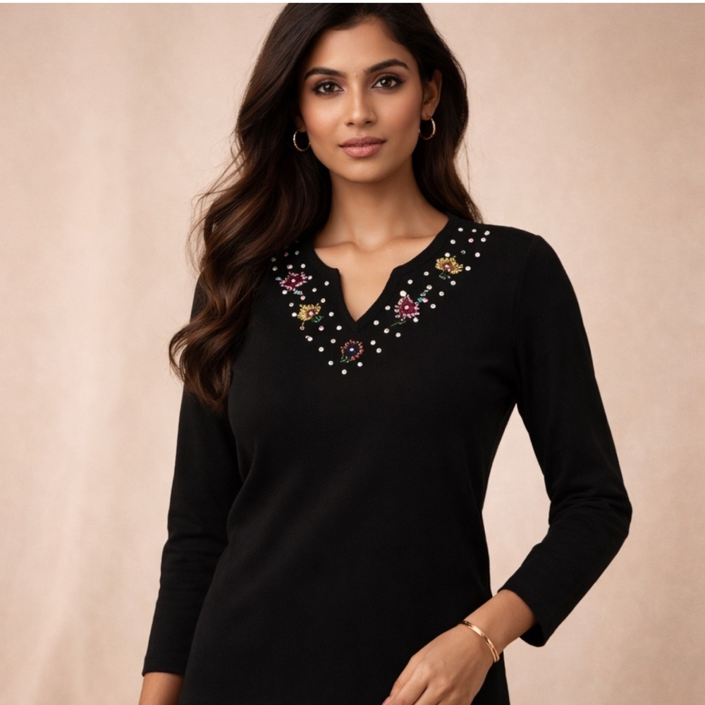 Joseph A Black Embellished Knit Top XL Floral Stud Detail